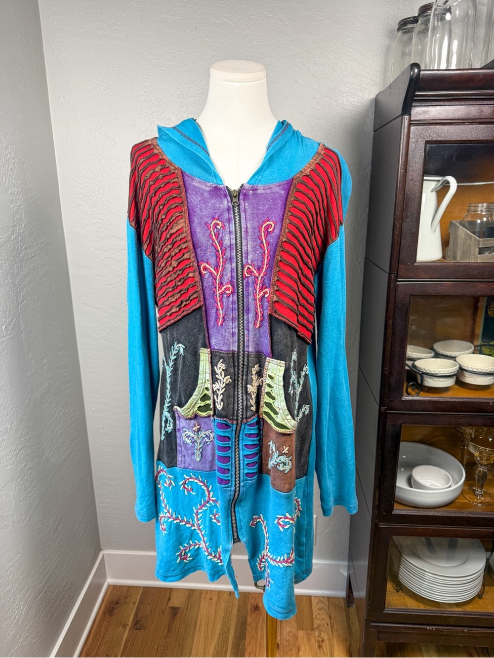 Rising International Embroidered Patchwork Hooded Zip Jacket Boho Nepal Size L